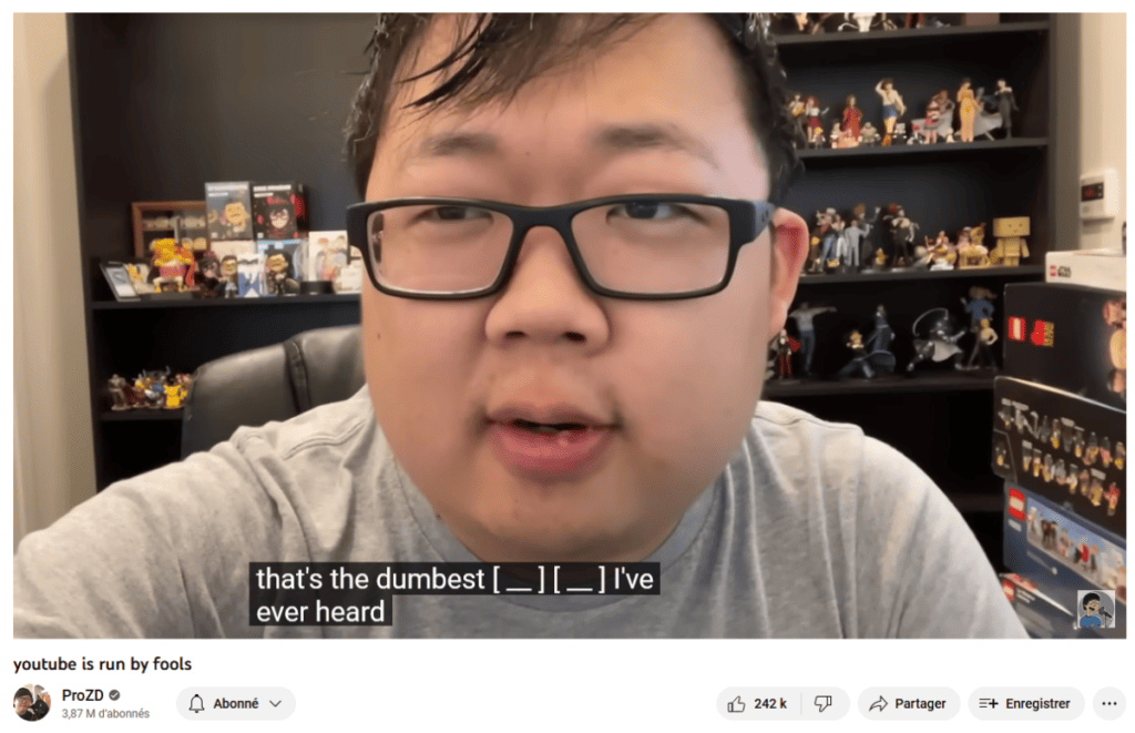 Une vidéo publiée par le vidéaste ProZD (SungWon Cho) début janvier, qui critique la censure des insultes sur YouTube. Une vidéo publiée par le vidéaste ProZD (SungWon Cho) début janvier, qui critique la censure des insultes sur YouTube.