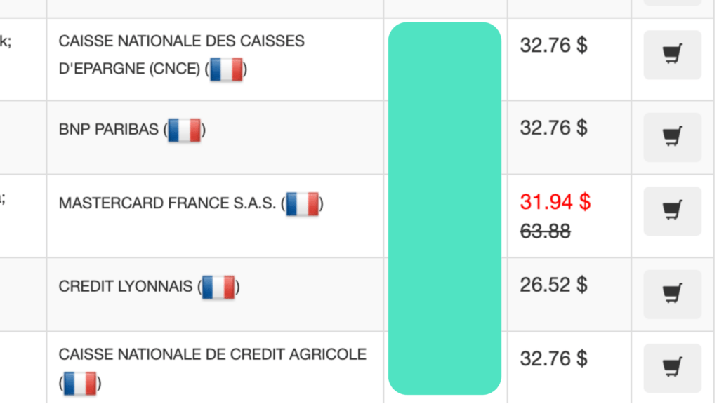 Des cartes bancaires françaises en vente suite à un vol depuis un skimmer. // Source : Numerama Des cartes bancaires françaises en vente suite à un vol depuis un skimmer. // Source : Numerama