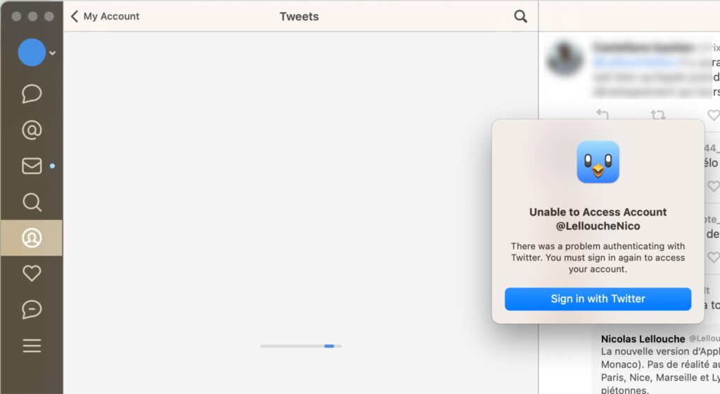 Quand on essaye d'ouvrir Tweetbot, un message d'erreur dit qu'il est impossible d'accéder à votre compte. Se reconnecter ne change rien. // Source : Capture Numerama Quand on essaye d'ouvrir Tweetbot, un message d'erreur dit qu'il est impossible d'accéder à votre compte. Se reconnecter ne change rien. // Source : Capture Numerama
