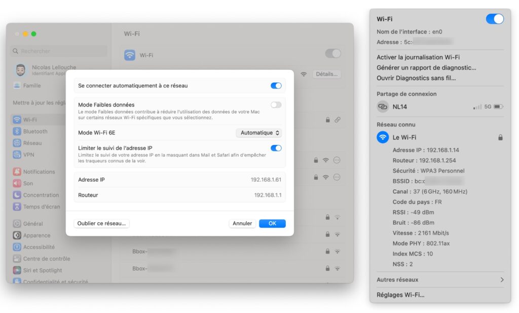 On ne peut pas forcer le Wi-Fi 6E, mais on peut le désactiver si on le souhaite. Appuyer sur le logo Wi-Fi en maintenant option permet de savoir à quoi on est connecté. // Source : Captures Numerama On ne peut pas forcer le Wi-Fi 6E, mais on peut le désactiver si on le souhaite. Appuyer sur le logo Wi-Fi en maintenant option permet de savoir à quoi on est connecté. // Source : Captures Numerama