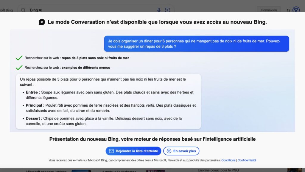 Bing avec ChatGPT // Source : Capture d'écran Bing avec ChatGPT // Source : Capture d'écran