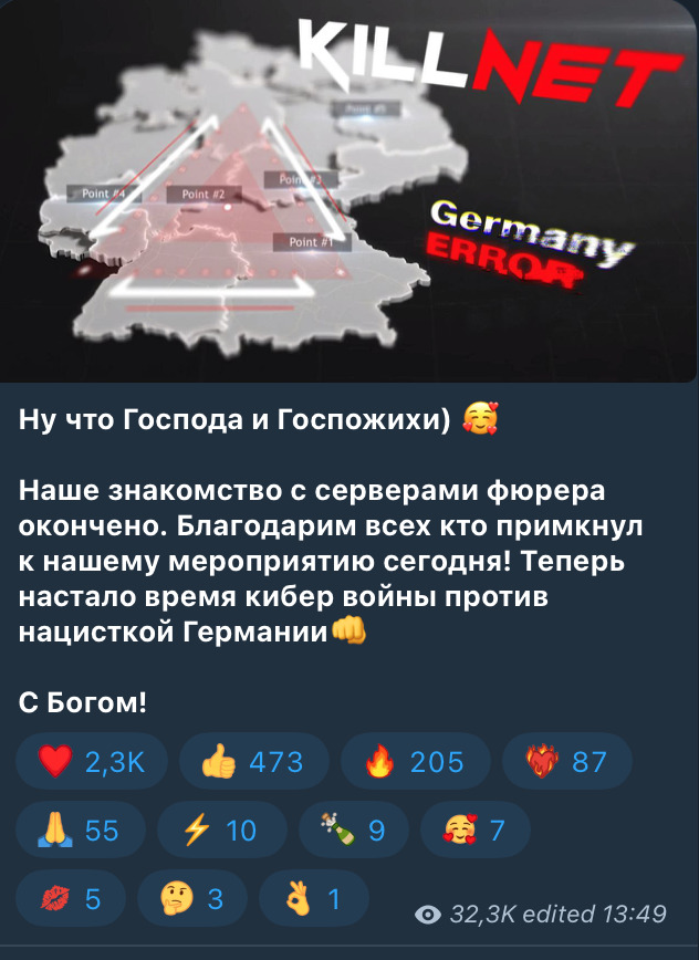 « Notre introduction aux serveurs du Führer est terminée. Merci à tous ceux qui ont participé à notre événement aujourd'hui ! Maintenant, c'est l'heure de la cyber-guerre contre l'Allemagne nazie. Avec Dieu ! » // Source : Numerama « Notre introduction aux serveurs du Führer est terminée. Merci à tous ceux qui ont participé à notre événement aujourd'hui ! Maintenant, c'est l'heure de la cyber-guerre contre l'Allemagne nazie. Avec Dieu ! » // Source : Numerama
