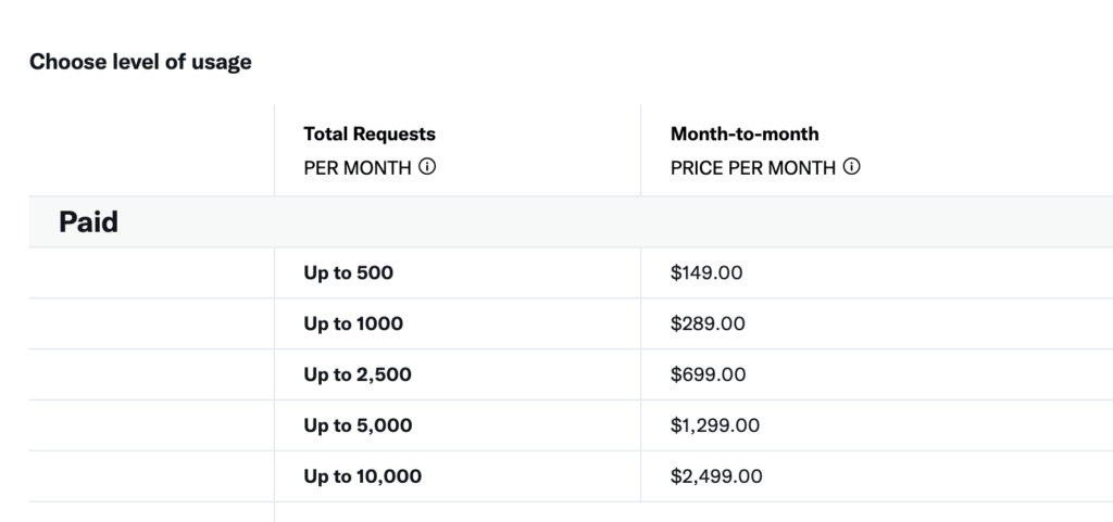 Les prix actuels de l'API Twitter payante. // Source : Capture Numerama Les prix actuels de l'API Twitter payante. // Source : Capture Numerama