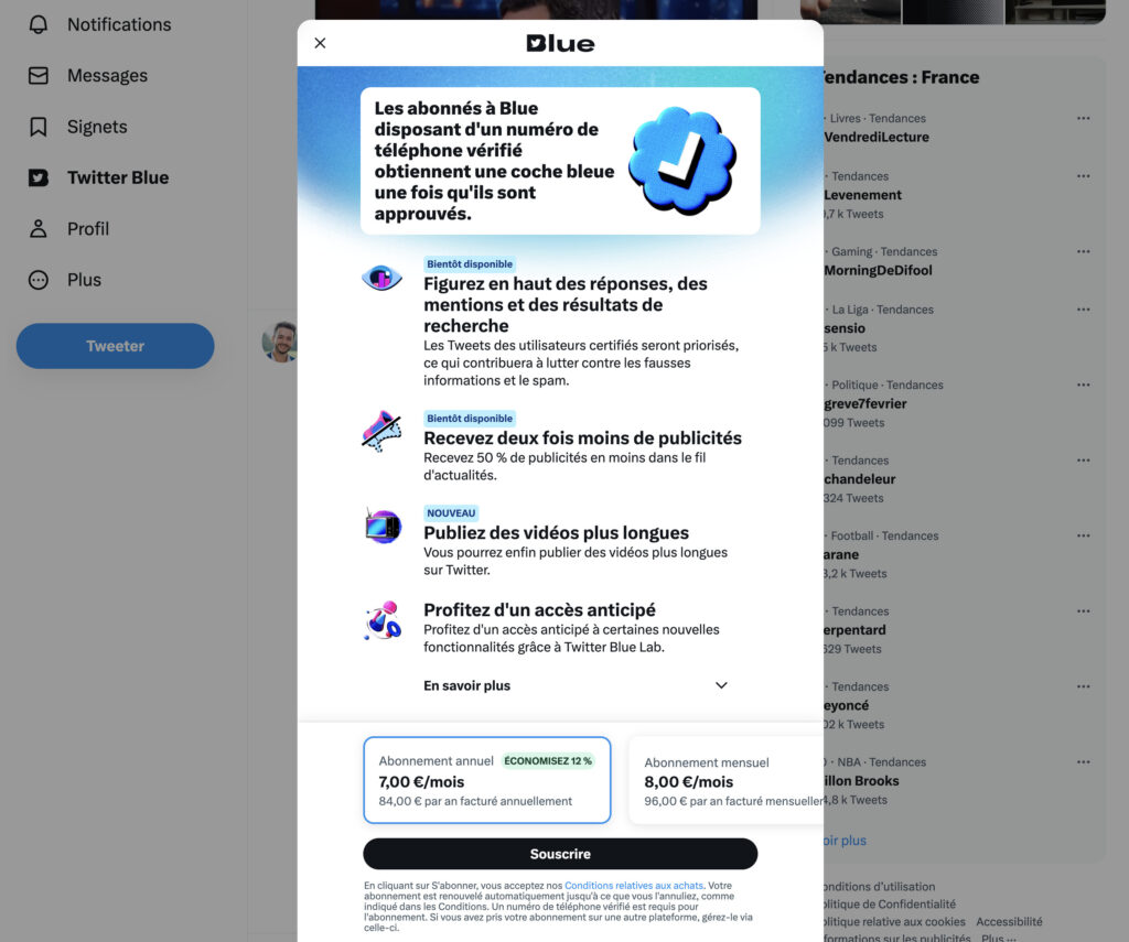 L'abonnement à Twitter Blue depuis le web. // Source : Numerama L'abonnement à Twitter Blue depuis le web. // Source : Numerama