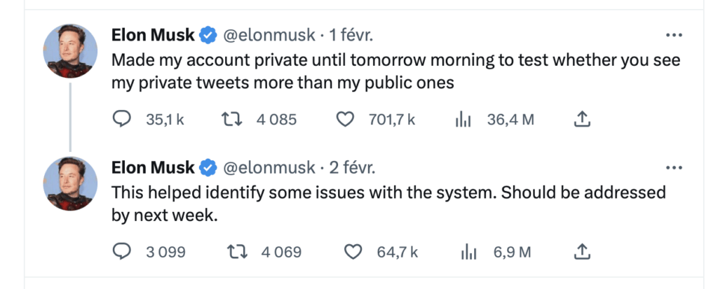 Début février, Elon Musk a passé son compte en privé. Il voulait prouver aux ingénieurs de Twitter que quelque chose lui faisait perdre de l'audience. Évidemment, cela a attiré des gens vers son Twitter, donc truqué les sites. // Source : Capture Numerama Début février, Elon Musk a passé son compte en privé. Il voulait prouver aux ingénieurs de Twitter que quelque chose lui faisait perdre de l'audience. Évidemment, cela a attiré des gens vers son Twitter, donc truqué les sites. // Source : Capture Numerama