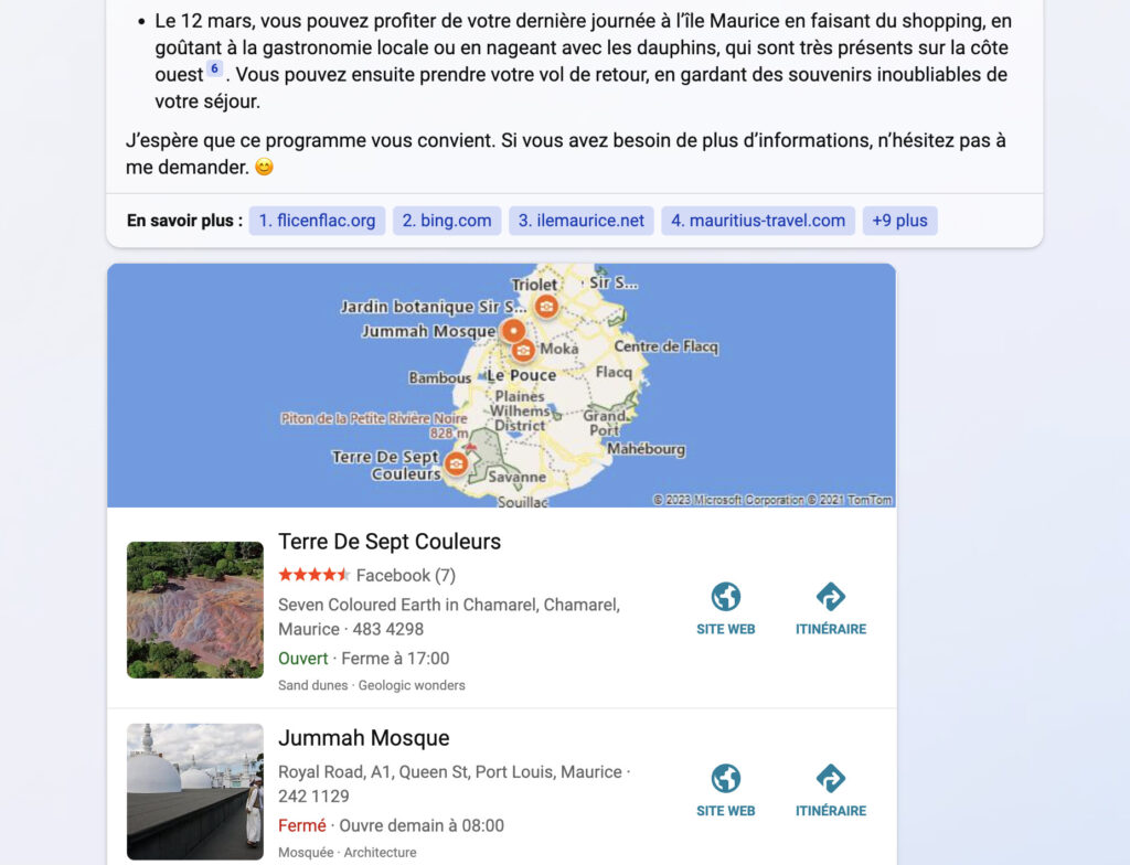 Autre avantage de Bing par rapport à ChatGPT : il peut intégrer des images, la météo ou de la carte à ses réponses. // Source : Numerama Autre avantage de Bing par rapport à ChatGPT : il peut intégrer des images, la météo ou de la carte à ses réponses. // Source : Numerama