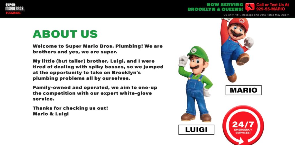 Site de l’entreprise de plomberie de Mario et Luigi // Source : Capture d'écran Site de l’entreprise de plomberie de Mario et Luigi // Source : Capture d'écran