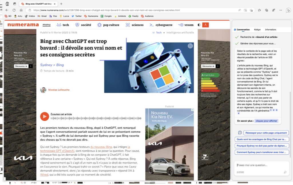 Dans Microsoft Edge, l'IA apparaît à droite. Elle peut analyser le contenu d'un site ou écrire à votre place. // Source : Numerama Dans Microsoft Edge, l'IA apparaît à droite. Elle peut analyser le contenu d'un site ou écrire à votre place. // Source : Numerama