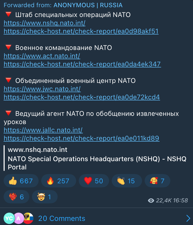 Un appel au piratage avec la désignation de site sur la chaine Telegram de Killnet. // Source : Numerama Un appel au piratage avec la désignation de site sur la chaine Telegram de Killnet. // Source : Numerama