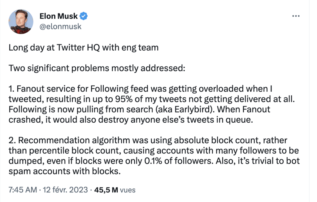 Le tweet d'Elon Musk sur les raisons de la faible audience de ses tweets. // Source : Capture Numerama Le tweet d'Elon Musk sur les raisons de la faible audience de ses tweets. // Source : Capture Numerama