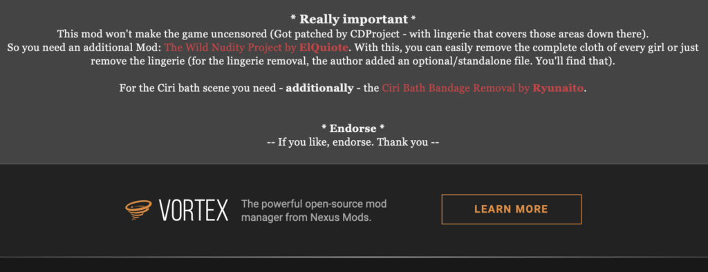 La description du mod « Vagina’s for Everyone » de The Witcher 3 sur Nexus Mods // Source : Capture d'écran La description du mod « Vagina’s for Everyone » de The Witcher 3 sur Nexus Mods // Source : Capture d'écran