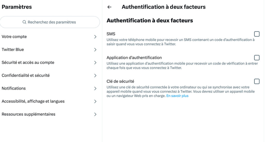 L’authentification à deux facteur sur Twitter // Source : Capture d'écran L’authentification à deux facteur sur Twitter // Source : Capture d'écran