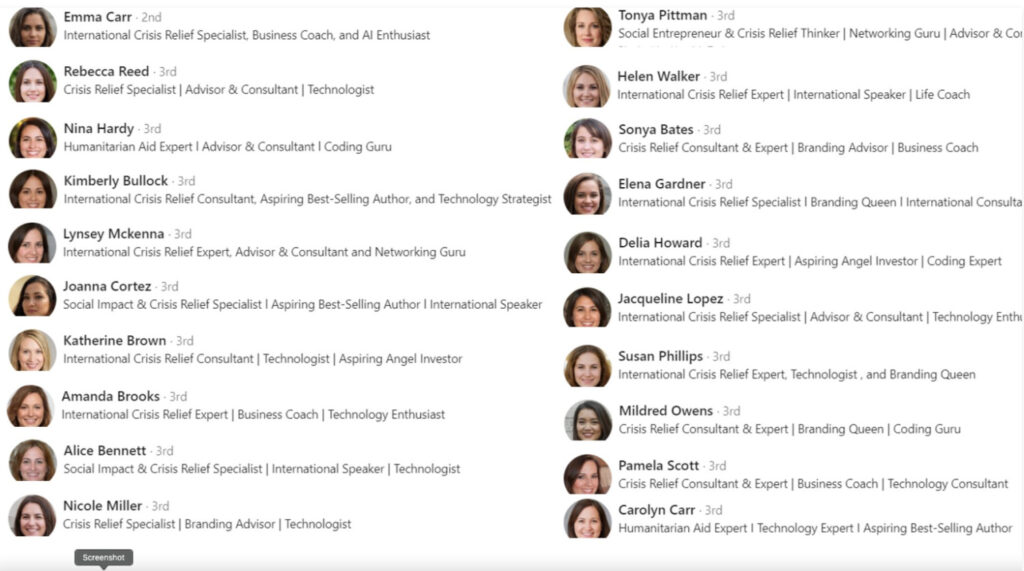 Des comptes LinkedIn avec photos de profil générées par des IA. // Source : Hamish Taylor Des comptes LinkedIn avec photos de profil générées par des IA. // Source : Hamish Taylor
