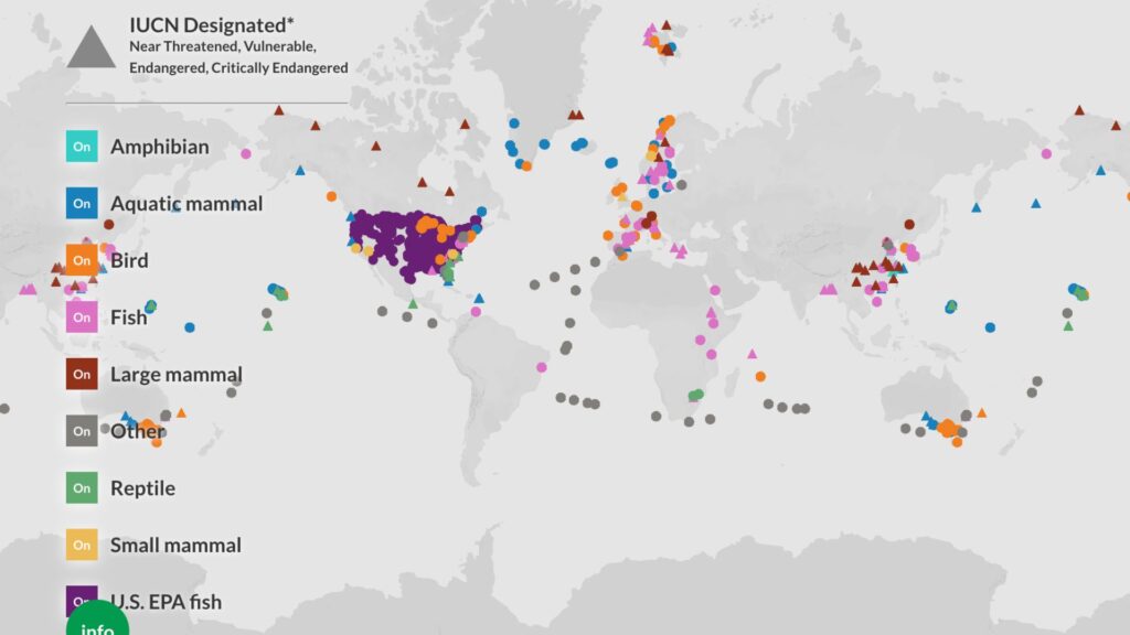 Cartes des espèces exposées aux polluants éternels. L'être humain est aussi concerné. // Source : EWG Cartes des espèces exposées aux polluants éternels. L'être humain est aussi concerné. // Source : EWG