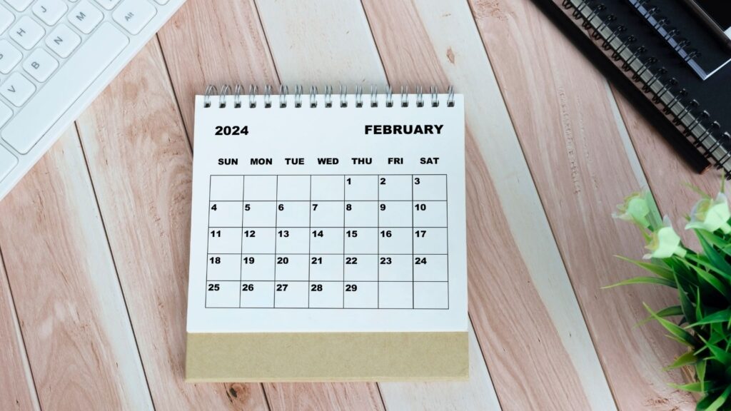 Calendrier de février 2024, année bissextile. // Source : Canva Calendrier de février 2024, année bissextile. // Source : Canva