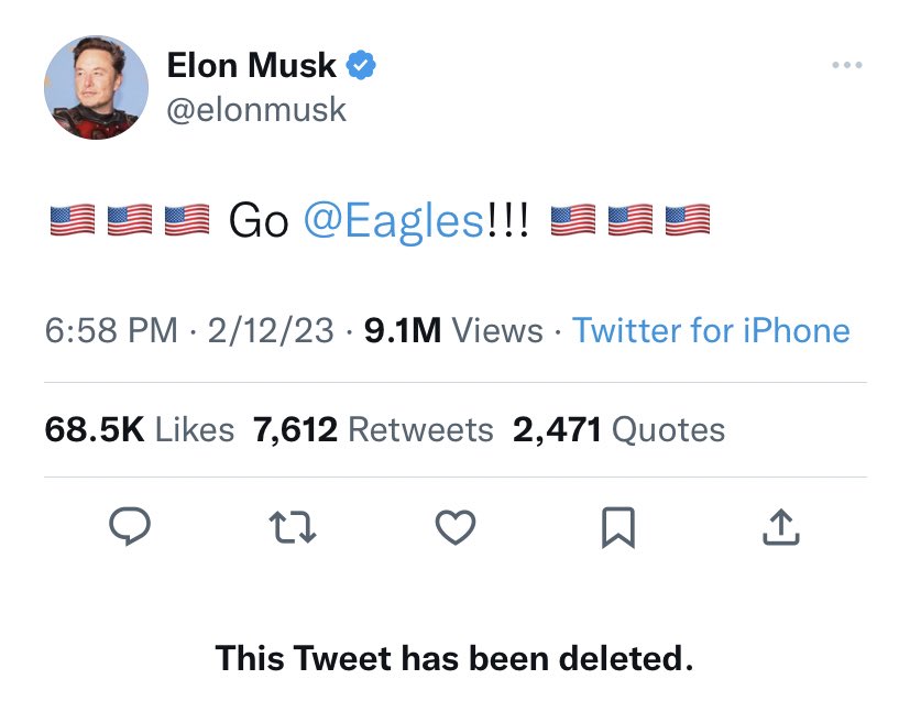 On pensait qu'Elon Musk avait supprimé ce tweet à cause de la défaite de son équipe, mais seule son audience l'intérese; // Source : Matt Binder / Twitter On pensait qu'Elon Musk avait supprimé ce tweet à cause de la défaite de son équipe, mais seule son audience l'intérese; // Source : Matt Binder / Twitter