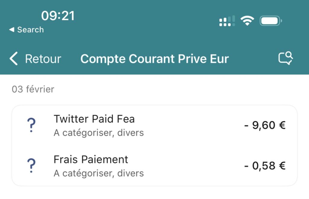 La CIC prélève 58 centimes pour un abonnement Twitter Blue. // Source : Numerama La CIC prélève 58 centimes pour un abonnement Twitter Blue. // Source : Numerama
