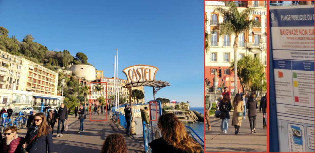 Ici, nous avons entouré deux zones dans les photos de gauche. À droite, nous les avons agrandies numériquement. Le résultat est superbe. // Source : Numerama Ici, nous avons entouré deux zones dans les photos de gauche. À droite, nous les avons agrandies numériquement. Le résultat est superbe. // Source : Numerama