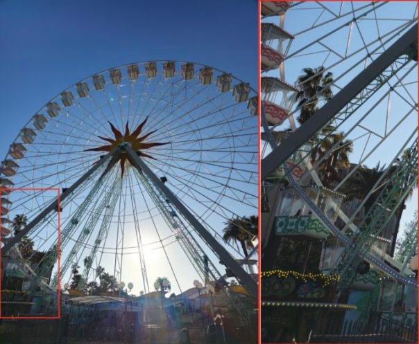 À droite, voici la version zoomée de ce qui est entouré en rouge. On pourrait croire qu'il s'agit d'une photo prise normalement, puisqu'il n'y a pas de pixels visibles. // Source : Numerama À droite, voici la version zoomée de ce qui est entouré en rouge. On pourrait croire qu'il s'agit d'une photo prise normalement, puisqu'il n'y a pas de pixels visibles. // Source : Numerama