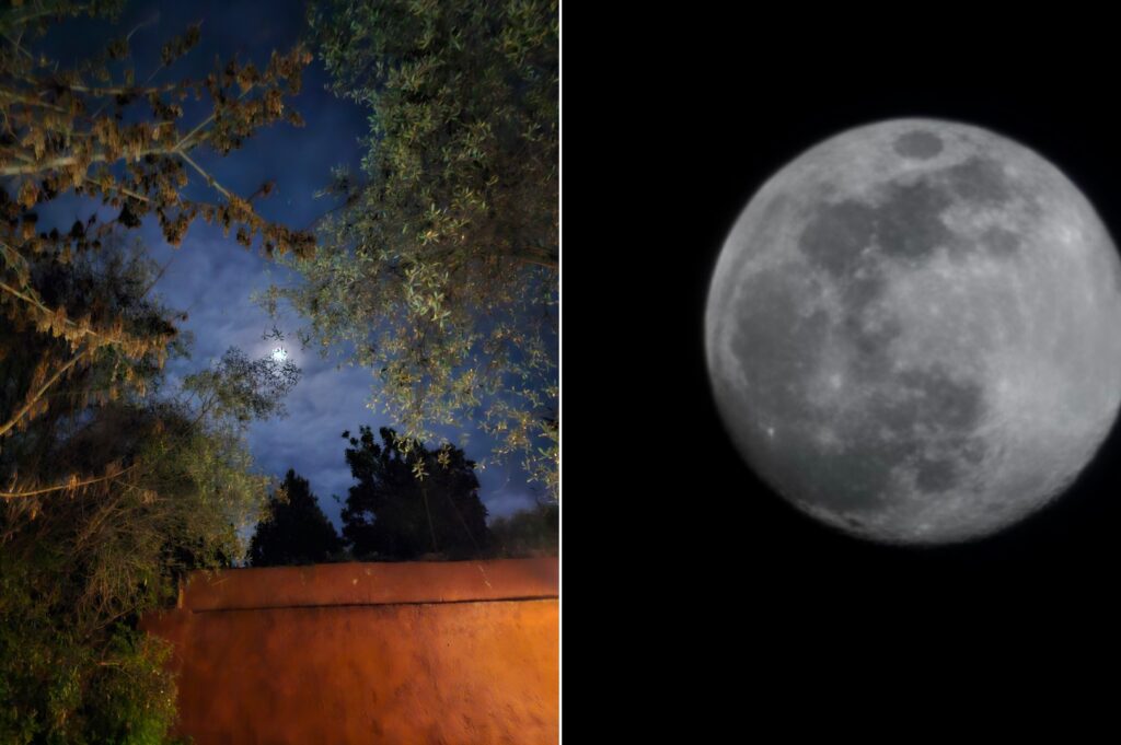 Grâce à la reconnaissance des objet et du texte, le S23 Ultra peut améliorer drastiquement une image après l'avoir prise. Ici avec la lune en x100. // Source : Numerama Grâce à la reconnaissance des objet et du texte, le S23 Ultra peut améliorer drastiquement une image après l'avoir prise. Ici avec la lune en x100. // Source : Numerama