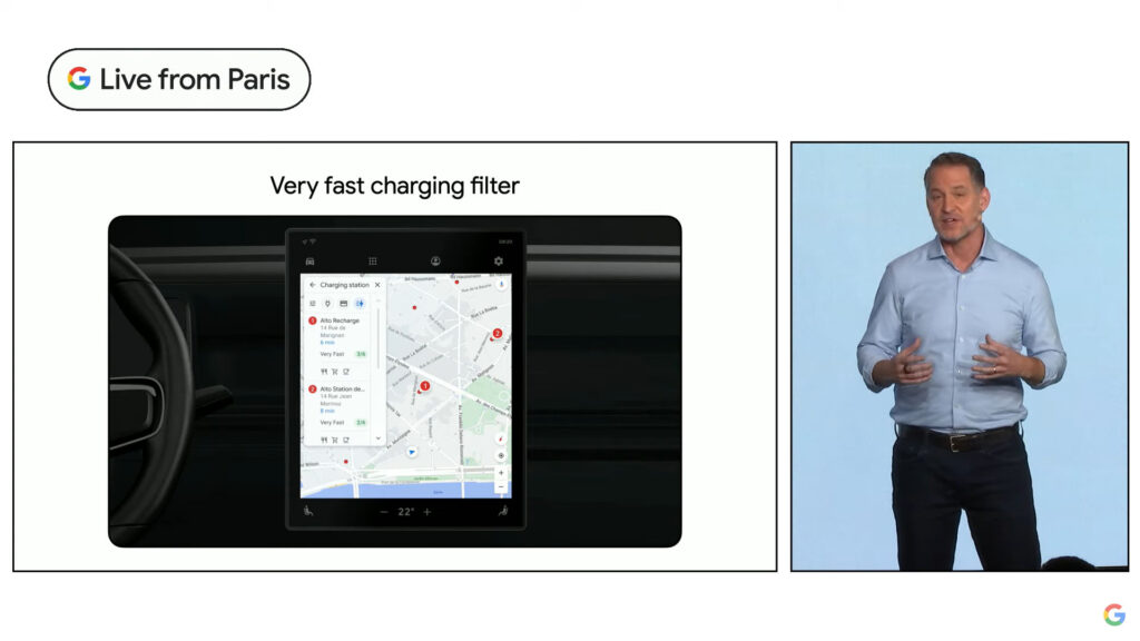 Filtre de recherche de bornes rapides sur Google Maps // Source : Capture vidéo conférence Google Filtre de recherche de bornes rapides sur Google Maps // Source : Capture vidéo conférence Google