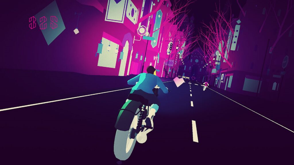 Chaque course à moto de Sayonara Wild Hearts sont aussi un jeu de rythme // Source : Nintendo Chaque course à moto de Sayonara Wild Hearts sont aussi un jeu de rythme // Source : Nintendo