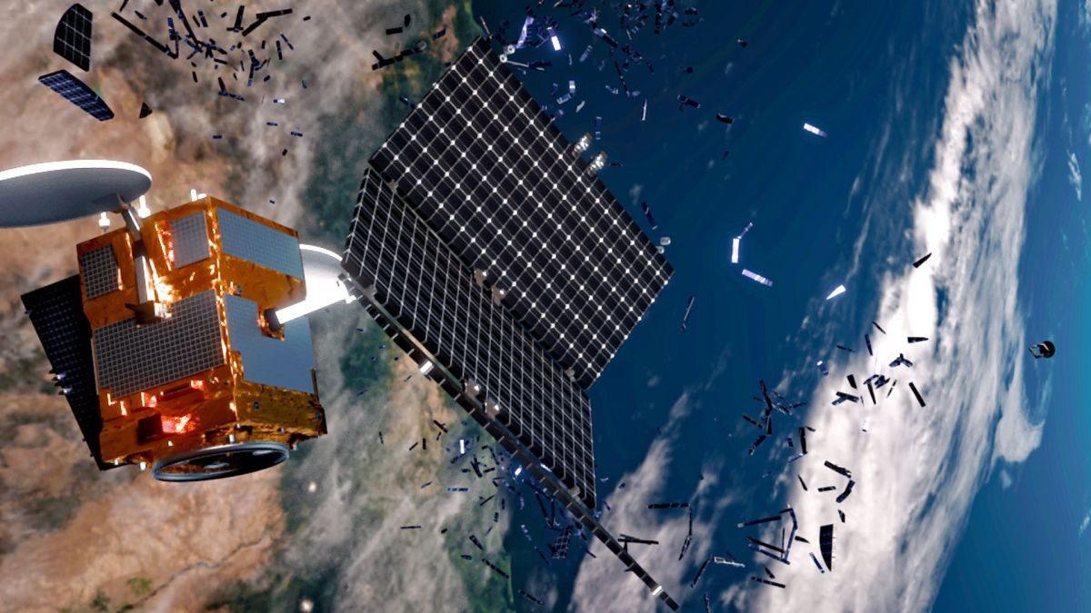 Un satellite se brisant dans l'espace. // Source : ESA/ID&Sense/ONiRiXEL , CC BY-SA 3.0 IGO Un satellite se brisant dans l'espace. // Source : ESA/ID&Sense/ONiRiXEL , CC BY-SA 3.0 IGO