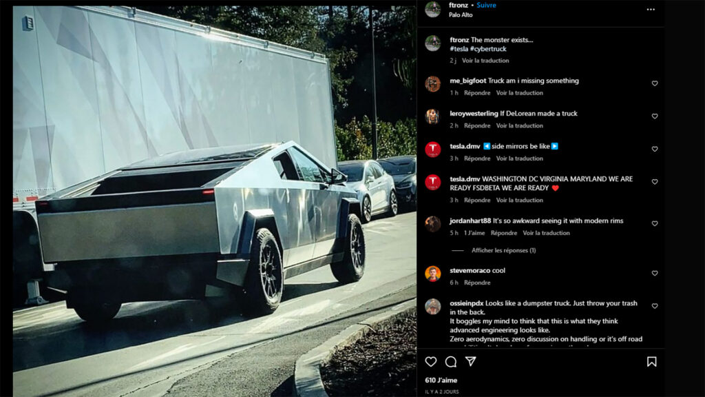 Prototype Cybertruck surpris à Palo Alto // Source : @ftronz sur Instagram Prototype Cybertruck surpris à Palo Alto // Source : @ftronz sur Instagram