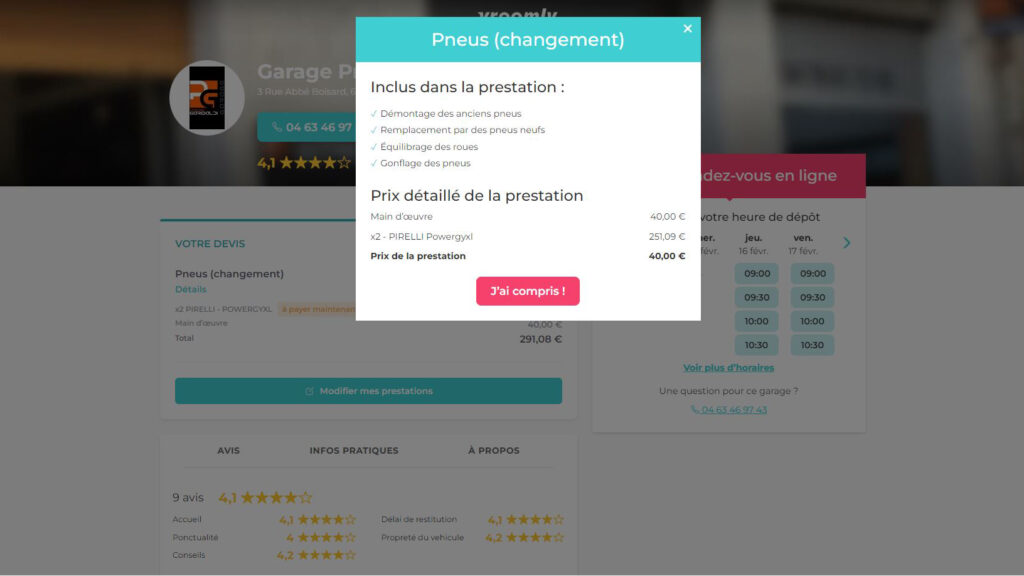 Avant de payer, vous pouvez obtenir le détail des prestations proposées par le garagiste séletionné // Source : Vroomly Avant de payer, vous pouvez obtenir le détail des prestations proposées par le garagiste séletionné // Source : Vroomly