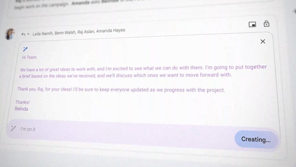 Un exemple du futur outil boosté à l'IA de la suite Google Workspace // Source : Google Un exemple du futur outil boosté à l'IA de la suite Google Workspace // Source : Google