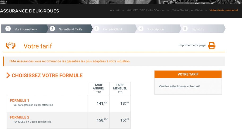 Grille tarifaire pour l'assurance d'un vélo à assistance électrique d'une valeur de 1 300 € chez FMA // Source : capture d'écran Grille tarifaire pour l'assurance d'un vélo à assistance électrique d'une valeur de 1 300 € chez FMA // Source : capture d'écran