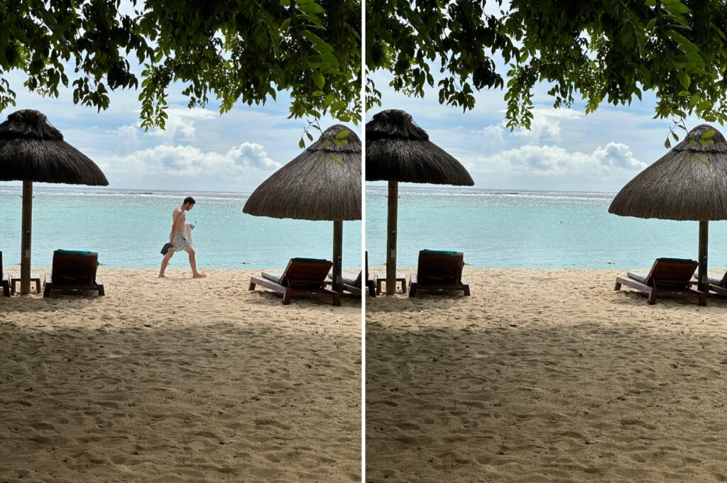 Avant / Après. La mer est un arrière-plan très simple à imaginer pour Google Photos. // Source : Numerama Avant / Après. La mer est un arrière-plan très simple à imaginer pour Google Photos. // Source : Numerama