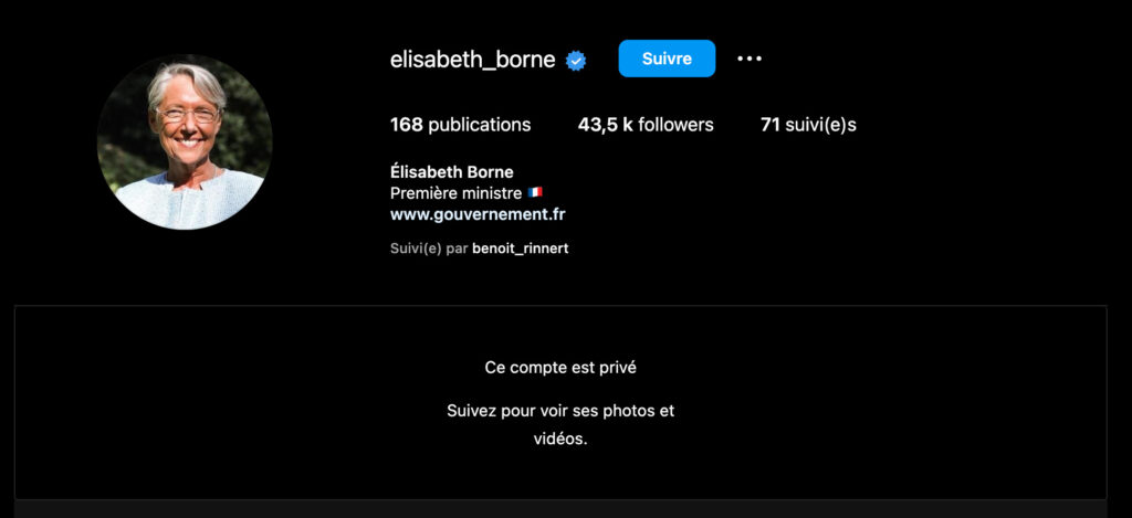 Le compte Instagram d'Élisabeth Borne a été passé en privé // Source : Capture d'écran Numerama Le compte Instagram d'Élisabeth Borne a été passé en privé // Source : Capture d'écran Numerama