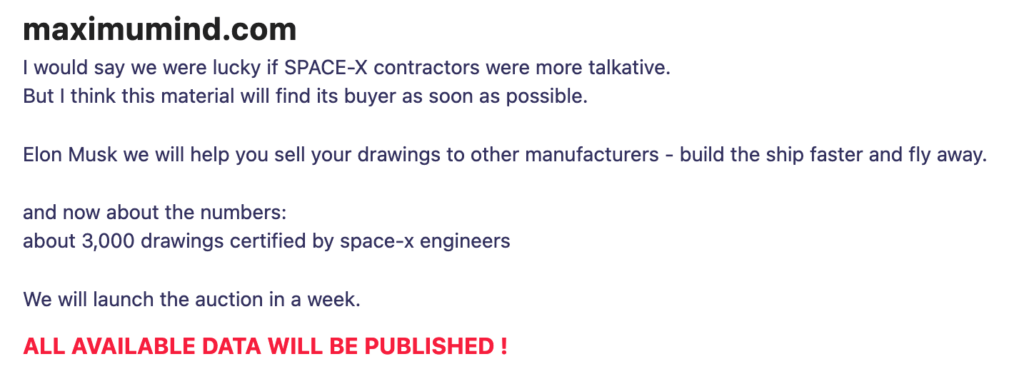Le message à SpaceX sur le site de Lockbit. // Source : Numerama Le message à SpaceX sur le site de Lockbit. // Source : Numerama