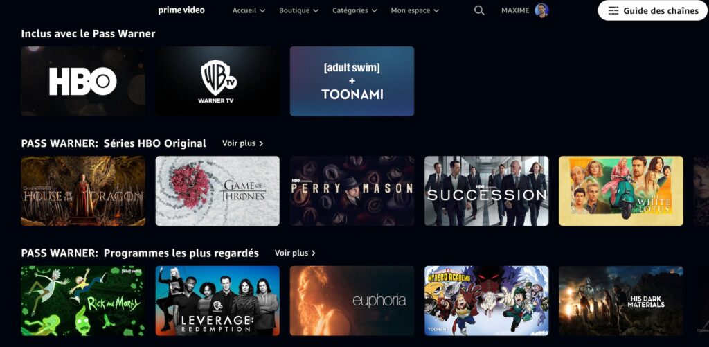 Le Pass Warner sur Amazon Prime Video // Source : Capture d'écran Le Pass Warner sur Amazon Prime Video // Source : Capture d'écran