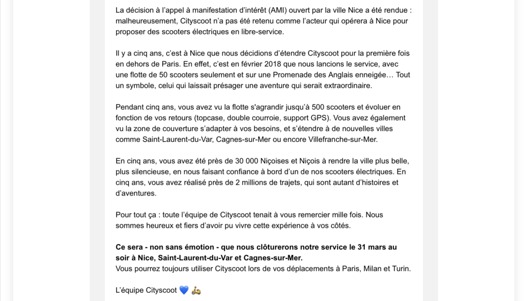 Le mail envoyé par Cityscoot à ses utilisateurs niçois. // Source : Numerama Le mail envoyé par Cityscoot à ses utilisateurs niçois. // Source : Numerama