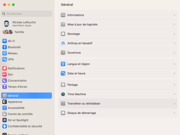 Le réglage "Transférer ou réinitialiser" sur macOS Ventura. // Source : Numerama