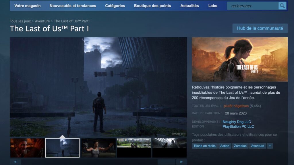 Page Steam de The Last of Us Part I // Source : Capture d'écran Page Steam de The Last of Us Part I // Source : Capture d'écran