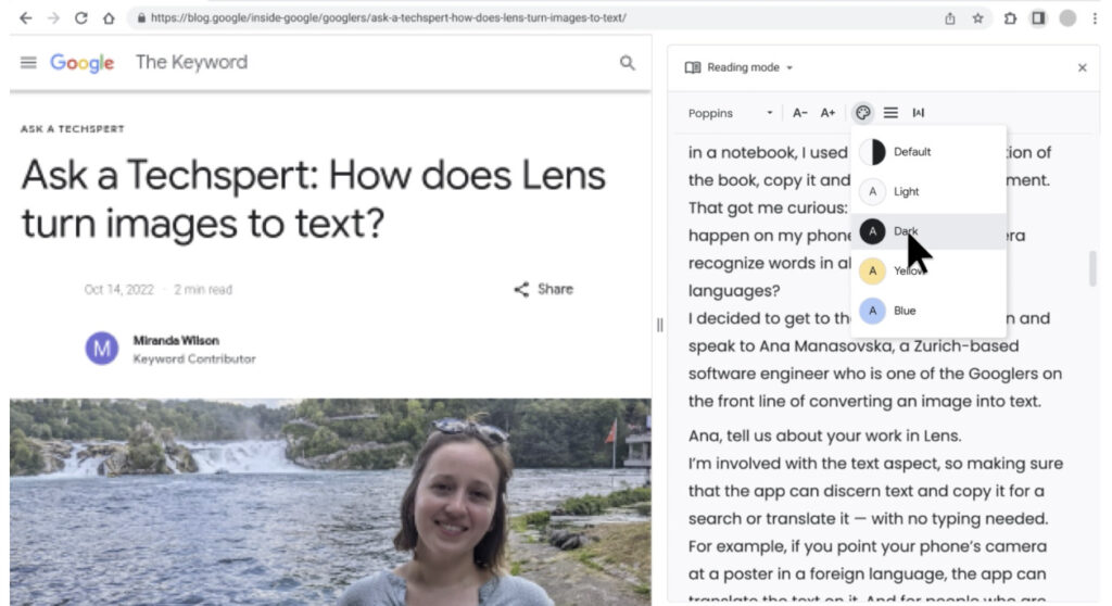 Un rapide aperçu du mode lecture, qui permet de personnaliser l'affichage du texte. // Source : Google Un rapide aperçu du mode lecture, qui permet de personnaliser l'affichage du texte. // Source : Google