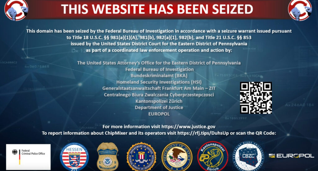 La page d'accueil du site ChipMixer affiche un message de la part des forces de l'ordre // Source : Capture d'écran Numerama La page d'accueil du site ChipMixer affiche un message de la part des forces de l'ordre // Source : Capture d'écran Numerama