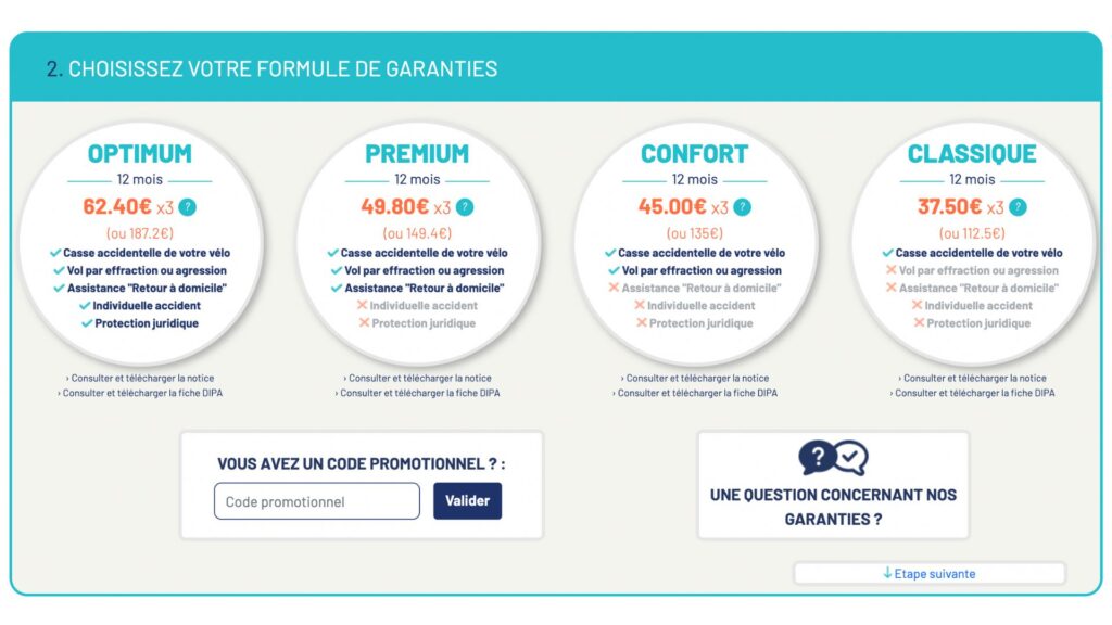 Les différentes formules de garantie de l'assurance Cyclassur pour un VAE d'une valeur de 1 500 € // Source : capture d'écran Les différentes formules de garantie de l'assurance Cyclassur pour un VAE d'une valeur de 1 500 € // Source : capture d'écran