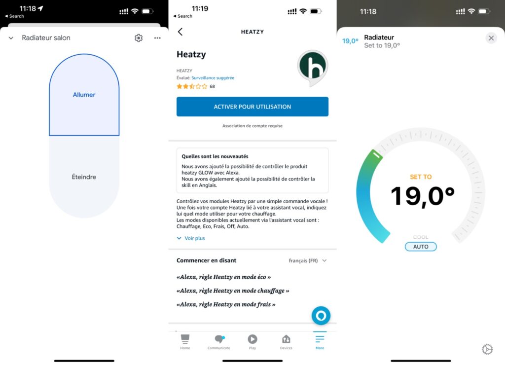 Le contrôle du Heatzy Pilote dans Google Home, Amazon Alexa et Apple Home (via Homebridge). // Source : Numerama Le contrôle du Heatzy Pilote dans Google Home, Amazon Alexa et Apple Home (via Homebridge). // Source : Numerama
