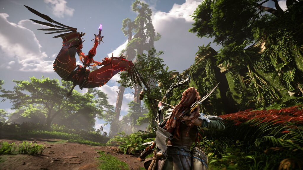 Aloy face aux « dinos mécaniques » dans cet univers post-apo. // Source : Guerrilla Games Aloy face aux « dinos mécaniques » dans cet univers post-apo. // Source : Guerrilla Games