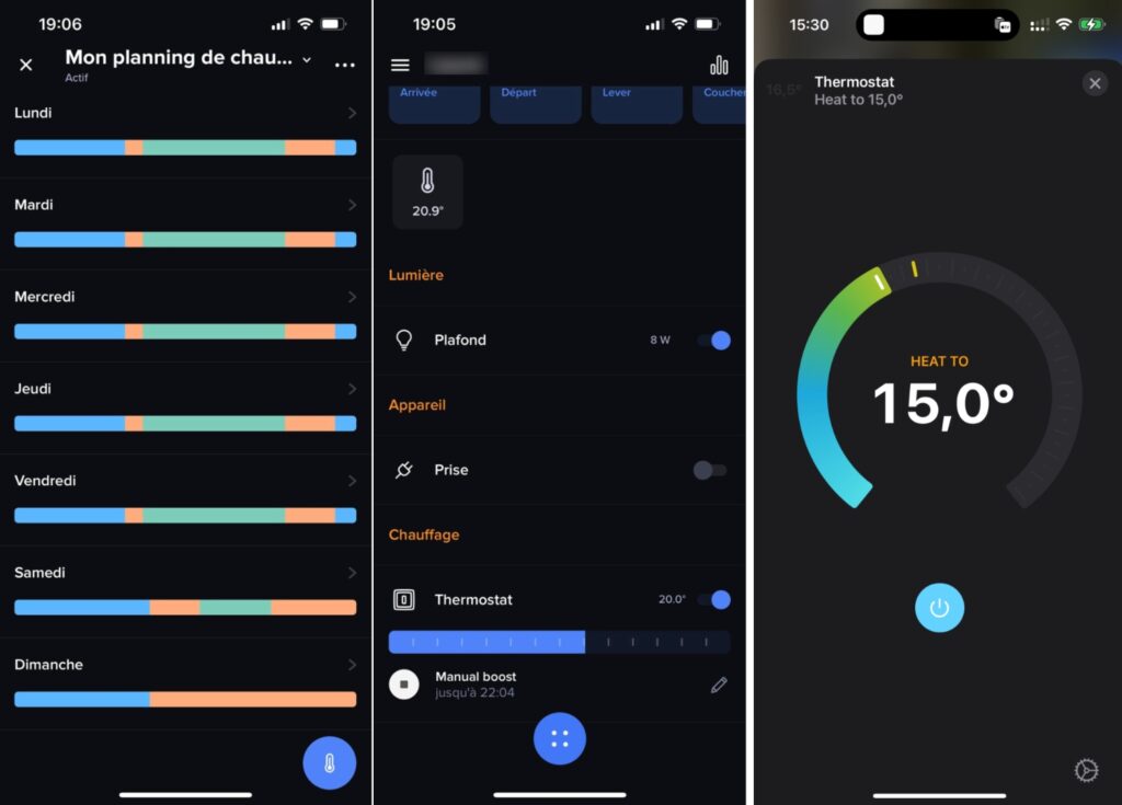 L'interface de l'appli Netatmo, avec le contrôle depuis Apple Maison à droite. L'interface de l'appli Netatmo, avec le contrôle depuis Apple Maison à droite.