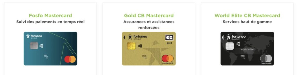 Les différentes cartes bancaires proposées par Fortuneo. // Source : Fortuneo. Les différentes cartes bancaires proposées par Fortuneo. // Source : Fortuneo.