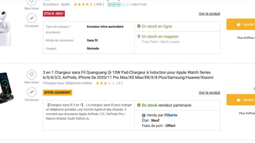 Affichage des produits sur la marketplace Fnac // Source : capture d'écran