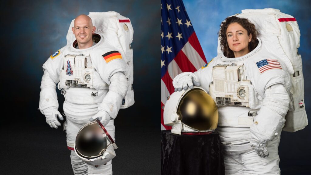 Les astronautes Alexander Gers et Jessica Meir en combinaison EMU // Source : NASA/Josh Valcarcel Les astronautes Alexander Gers et Jessica Meir en combinaison EMU // Source : NASA/Josh Valcarcel