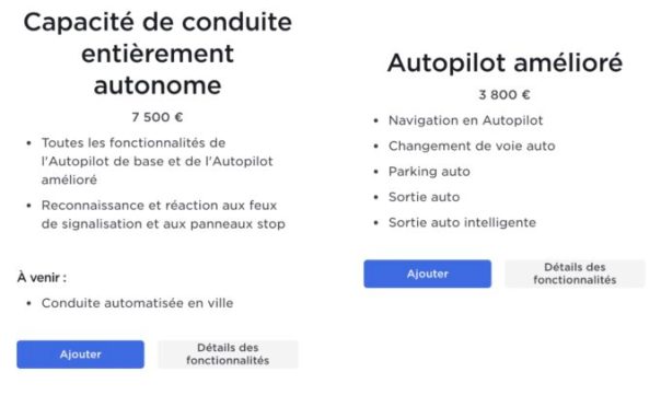 Les deux options d'assistances à la conduite de Tesla disponibles en France // Source : Capture d'écran Tesla Les deux options d'assistances à la conduite de Tesla disponibles en France // Source : Capture d'écran Tesla