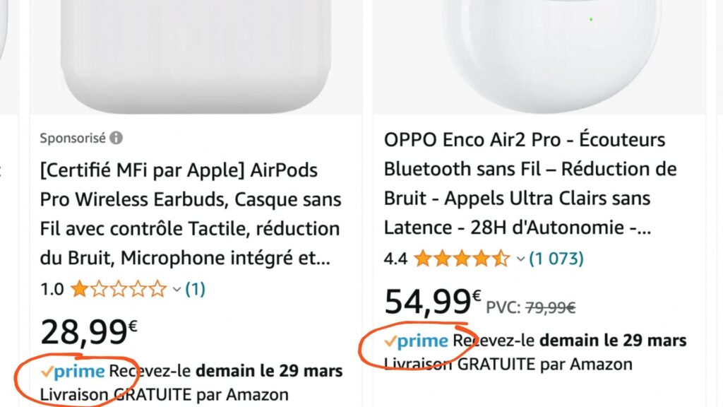 Les produits Prime sont reconnaissables avec un petit logo // Source : montage Numerama