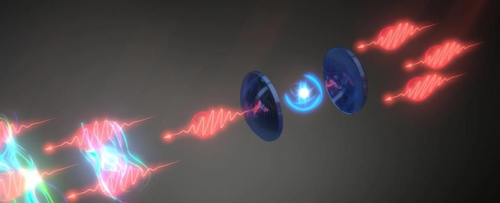 Représentation artistique de la stimulation d'un point quantique avec des photons. // Source : University of Basel Représentation artistique de la stimulation d'un point quantique avec des photons. // Source : University of Basel
